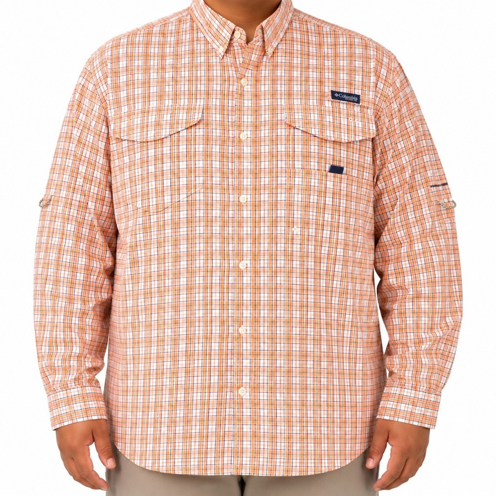 Columbia PFG Super Bonehead 2XL Orange Plaid Vented Long Sleeve Button Up Cotton